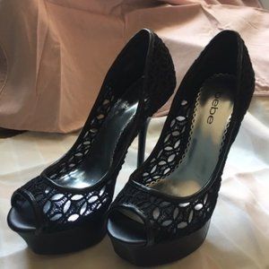 Bebé Chantal black lace platform heels - size 8